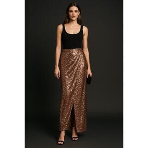 LOFT NWT Sequin Wrap Maxi Skirt Size 4 Brown Sparkle Evening Holiday Party Glam